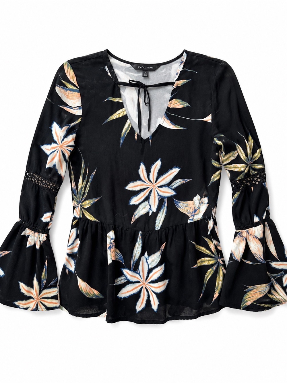 Roxy Black Floral Tie-Neck Peplum Top with Bell Sleeves